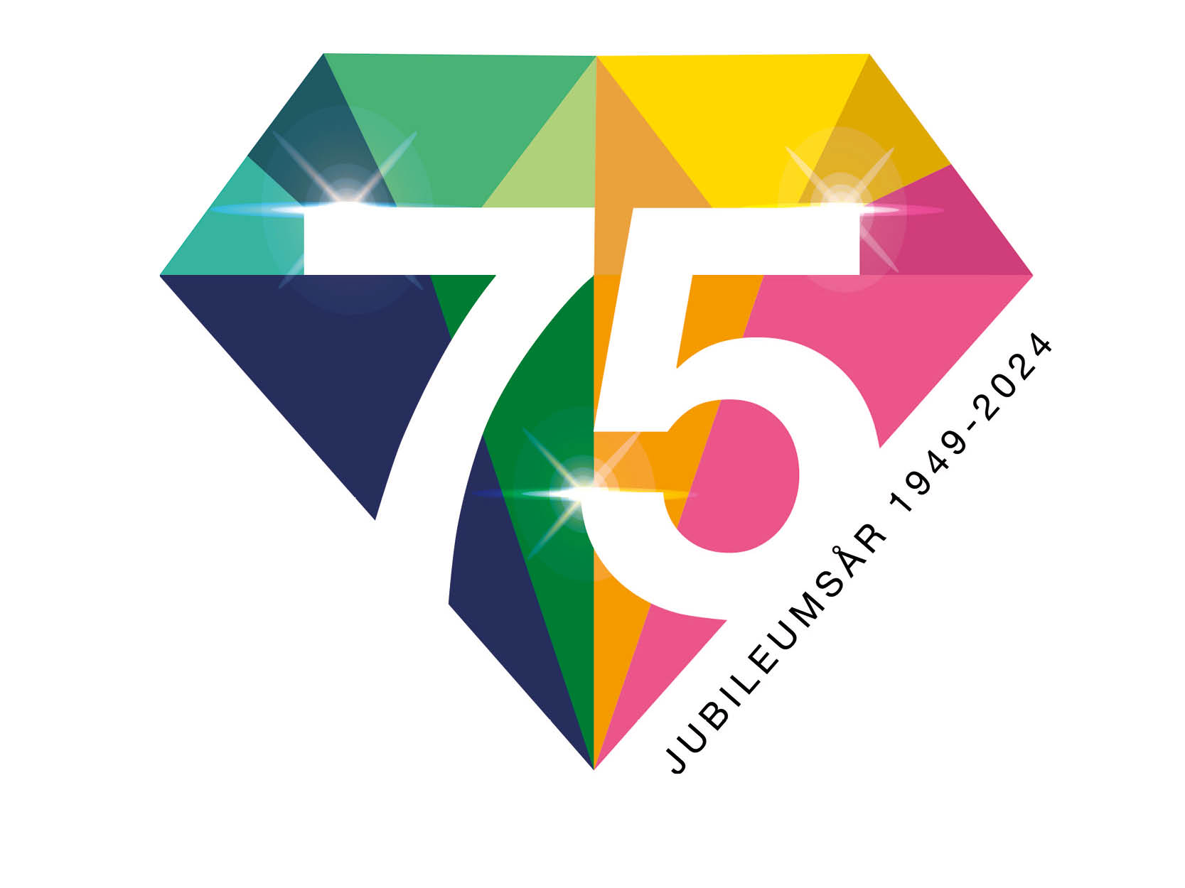 Symbolen för 75-årsjubileumet 2024 i form av en diamant fylld med olika färger.