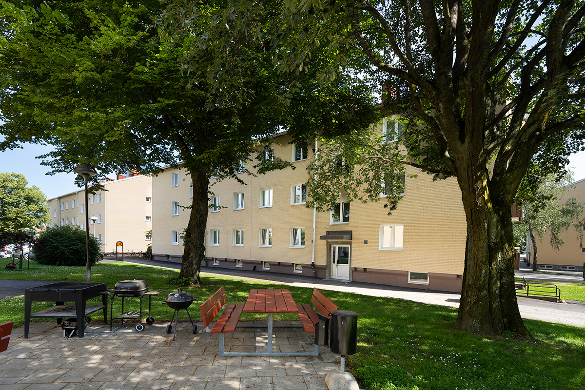 Vy från gården med gemensam uteplats med grill i ett av husen på Ringvägen.